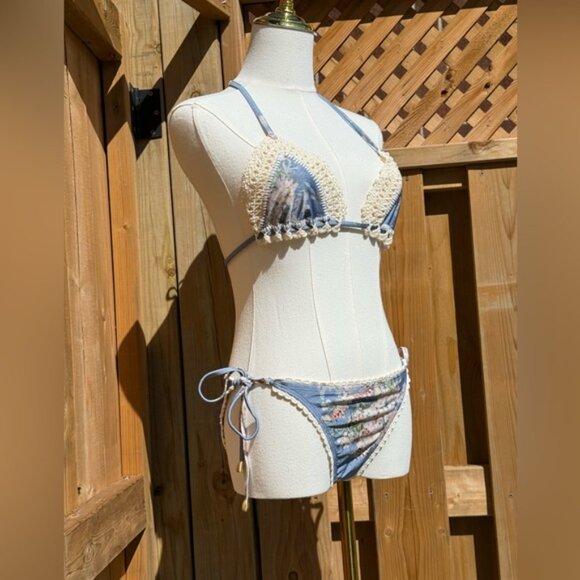 🆕 ZIMMERMANN 🧿 NWT Cascadian Crochet Tri Bikini, Blue Botanical - Sz 3 US6/8 - Picture 4 of 16